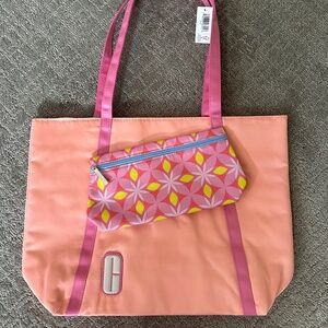 NWT Clinique Travel Beach Pool Bag Tote Makeup Pouch Pink Peach Floral Geometric